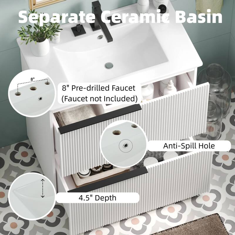 30" Bathroom Vanity with Ceramic Sink, Full-Extension Drawers, Soft-Close Undermount Slides, Fluted Design
