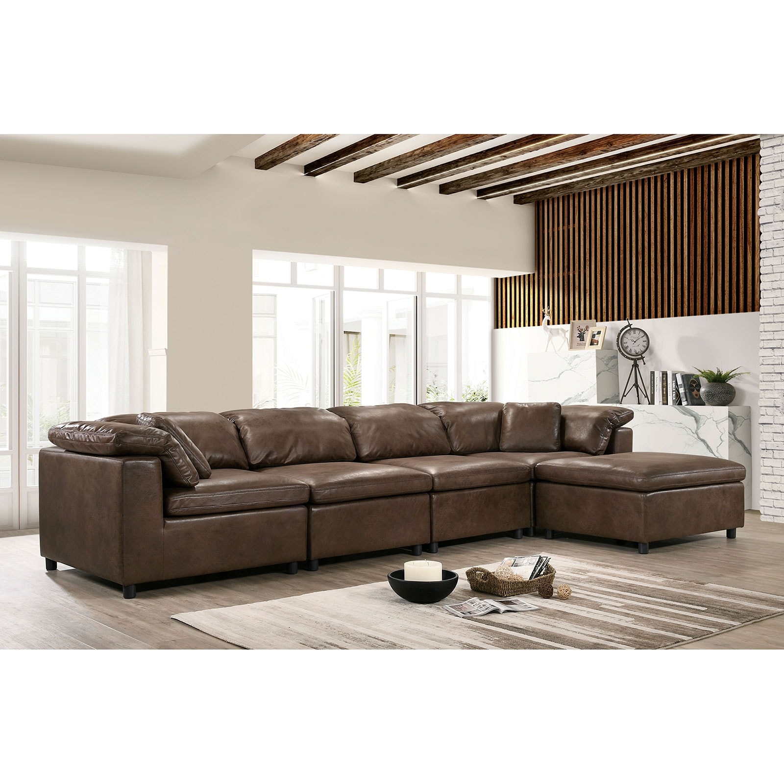 Simple Relax Large Vinyl Upholstered Sectional Sofa in Brown Finish