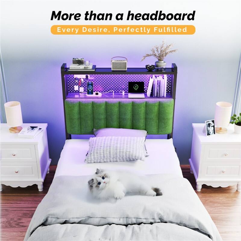 Adjustable Upholstered Headboard with 2 Tier Shelves with Charging Stations and LED Lights, Modern Bed Headboard with Storage