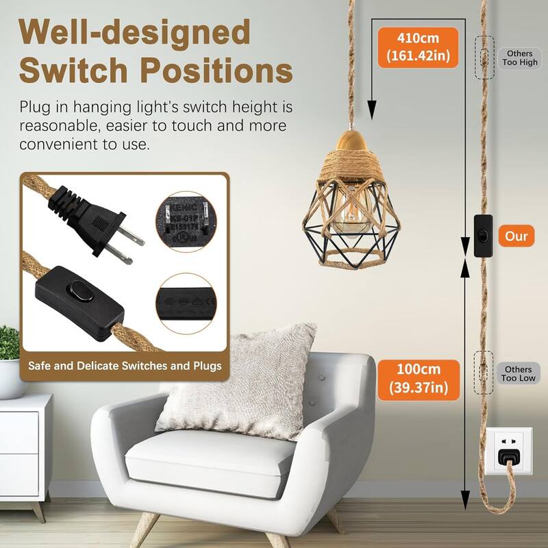 Rustic bedroom light black pendant light wood & hemp rope cable hanging light