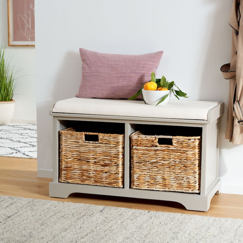 SAFAVIEH Euphemia Brown Woven Storage Basket Bench - 33.5" x 16.1" x 19.9" - 34Wx16Dx20H - Vintage Grey
