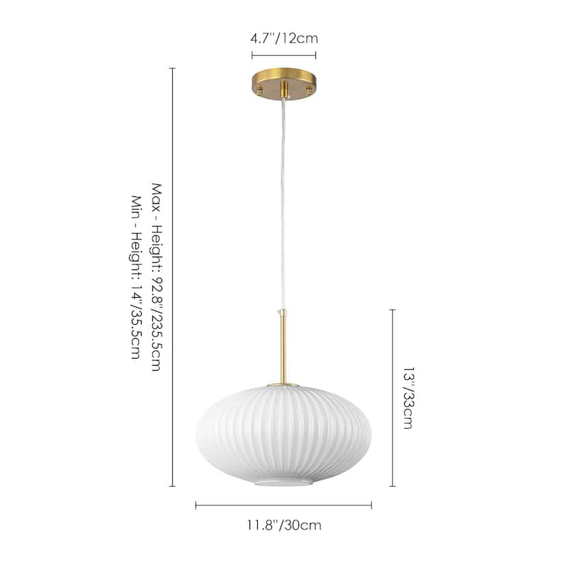 Rennnsan 1-Light Brass Ribbed Opal Glass Pendant for Dining Room - 1 Light