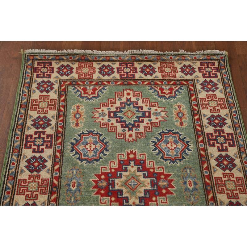 Green Kazak Runner Rug Handmade Wool Carpet - 2'8" x 9'7"