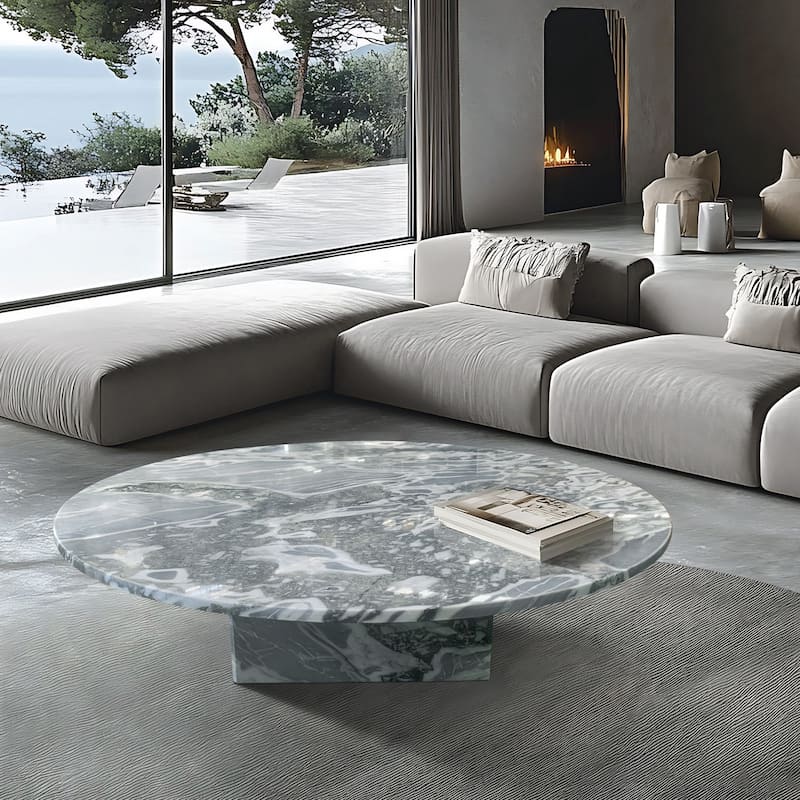 Roomfitters Round Marble Coffee Table, Natural Stone Living Room Table, Solid Marble Low Profile Design
