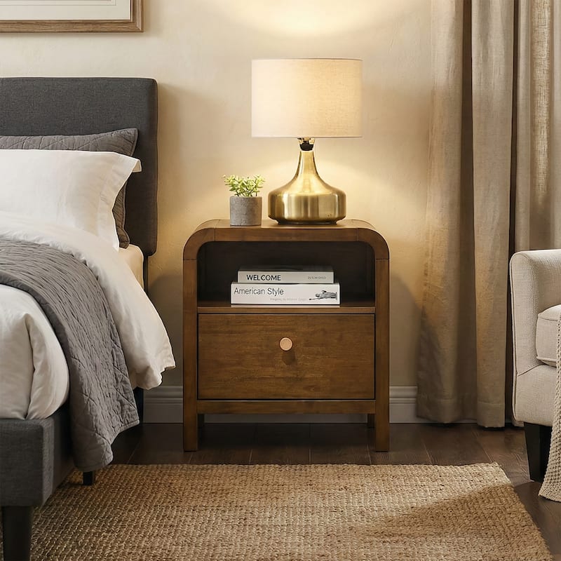 Roundhill Furniture Eldren Wood Nightstand with Solid Rubberwood Frame, Walnut Finish