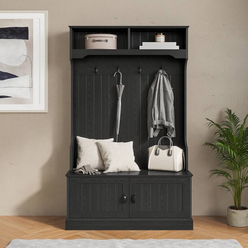 4 Hook Hallway Tree with Storage Bench and Upper Cubbies - Black