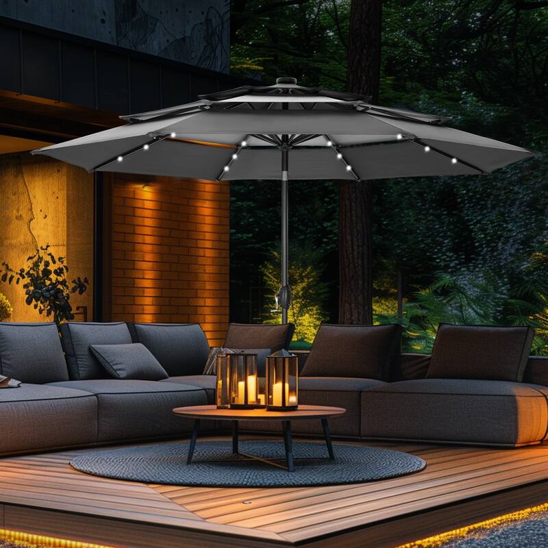 MAISON ARTS 10ft 3 Tier Auto-tilt Patio Umbrella Outdoor Double Vented Umbrella with LED Lights - Grey-Lights
