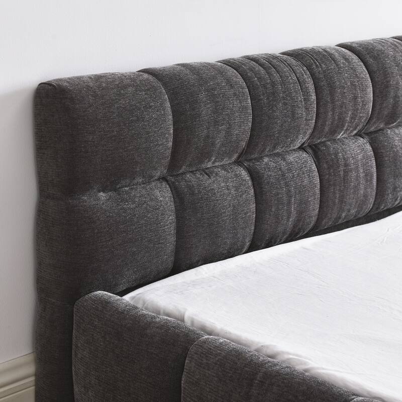 Queen Size Chenille Fabric Upholstered Grounded Platform Bed with Headboard and Solid Frame