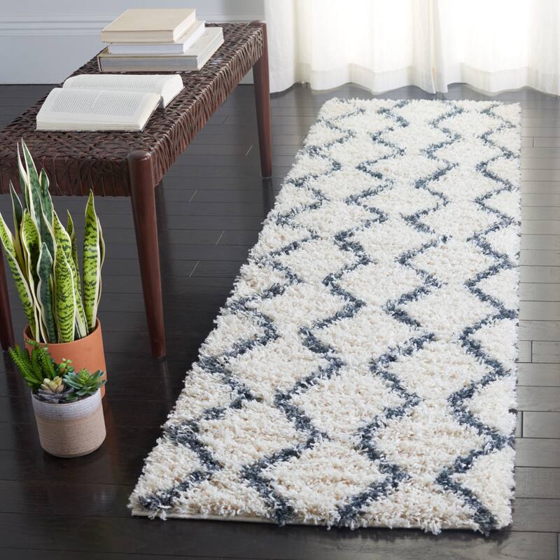 SAFAVIEH Venus Shag Johar Moroccan 1.75-inch Thick Rug - 2'2" x 8' Runner - Ivory/Dark Grey