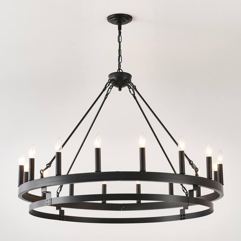 39 Inch 16-Lights Matte Black Wagon Wheel Chandelier with light E12