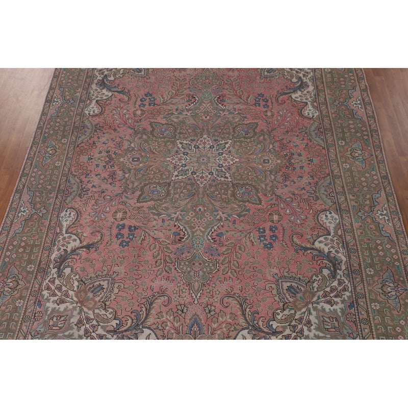 Pink Tabriz Persian Vintage Rug Hand-Knotted Wool Carpet - 9'7"x 12'11"