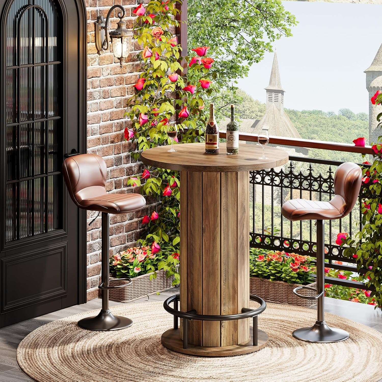 Round Bar Table, Wood Bistro Pub Table with Metal Ring Footrest