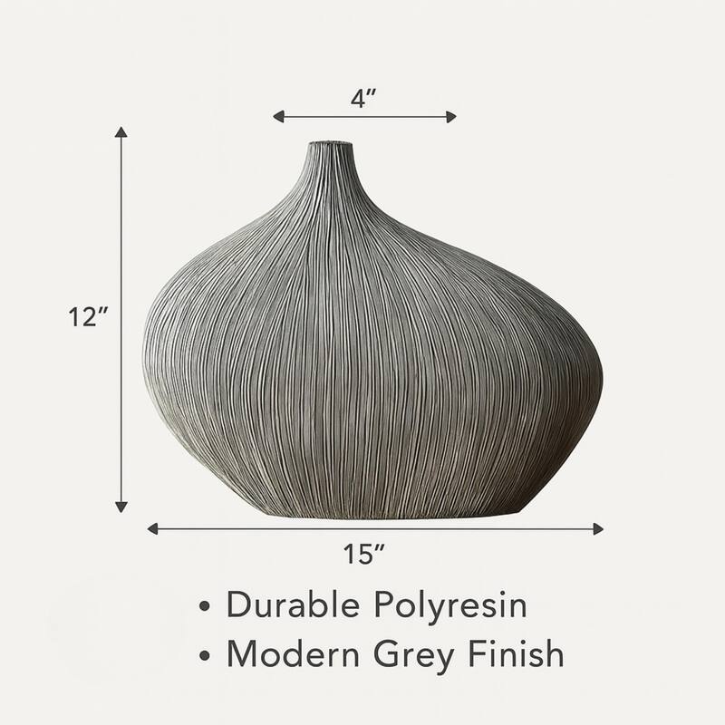 Aria Home Grey Stria Bloom Polyresin Vase with Textured Lines Decor Accent