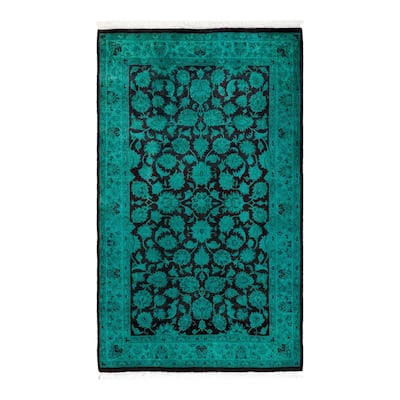 Overton Hand Knotted Wool Vintage Inspired Modern Contemporary Overdyed Green Area Rug - 3' 1" x 5' 2"
