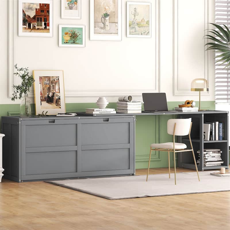 Queen Size Murphy Bed with Rotable Desk - Grey
