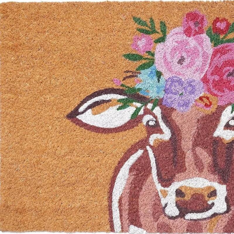 HomeRoots 24" X 36" Brown And Pink Floral Cow Outdoor Coir Door Mat - 24.00' X '36.00