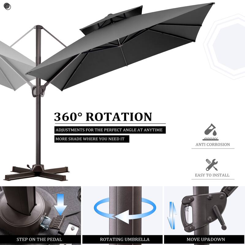 10 ft Square Patio Cantilever-Offset Umbrella 360 Degree Rotation with Rod Base