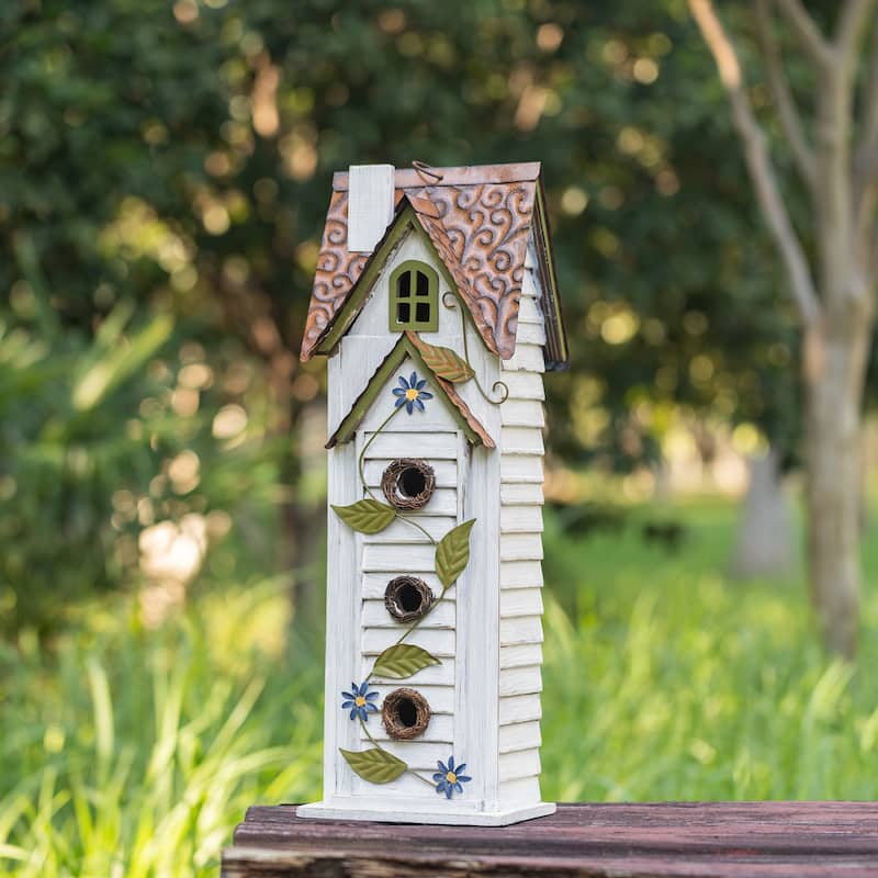 Glitzhome 24.25"H Oversized Washed Blue or White 3-Tiered Solid Wood Villa Decorative Outdoor Garden Birdhouse