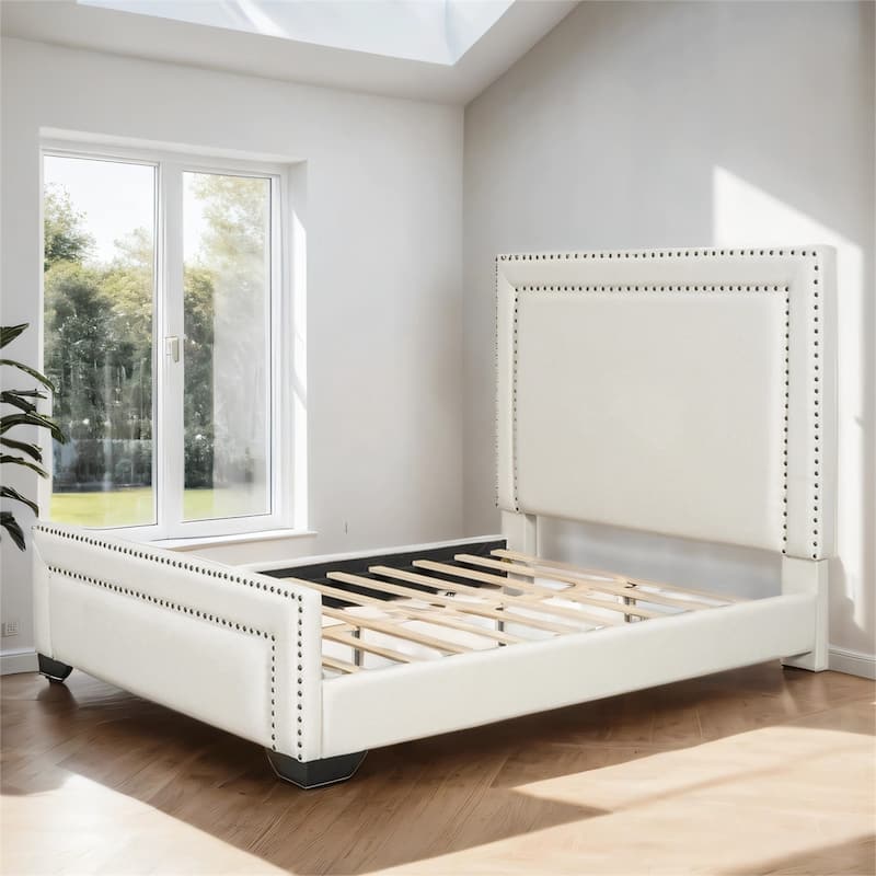 Queen Size Upholstered Bed, Upholstered Bed with Wooden Slats Support