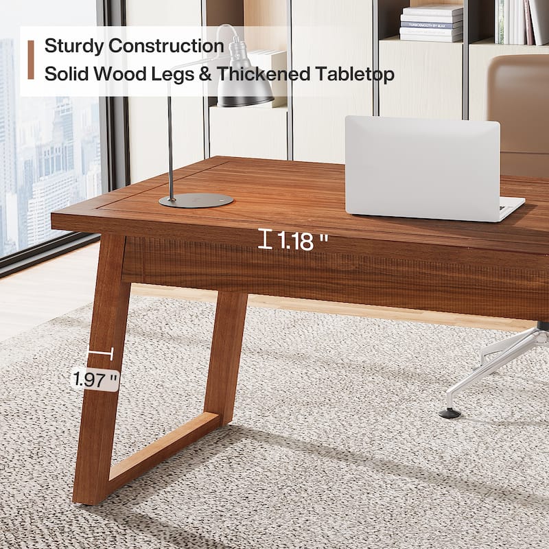 55-In Home Office Executive Desk, Solid Wood Computer Desk with Drawer