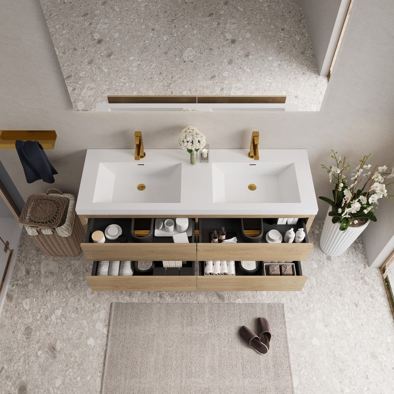 ABRUZZO 60" Floating Bathroom Vanity Double Sink with Stone Resin Top Four Soft Close Drawers