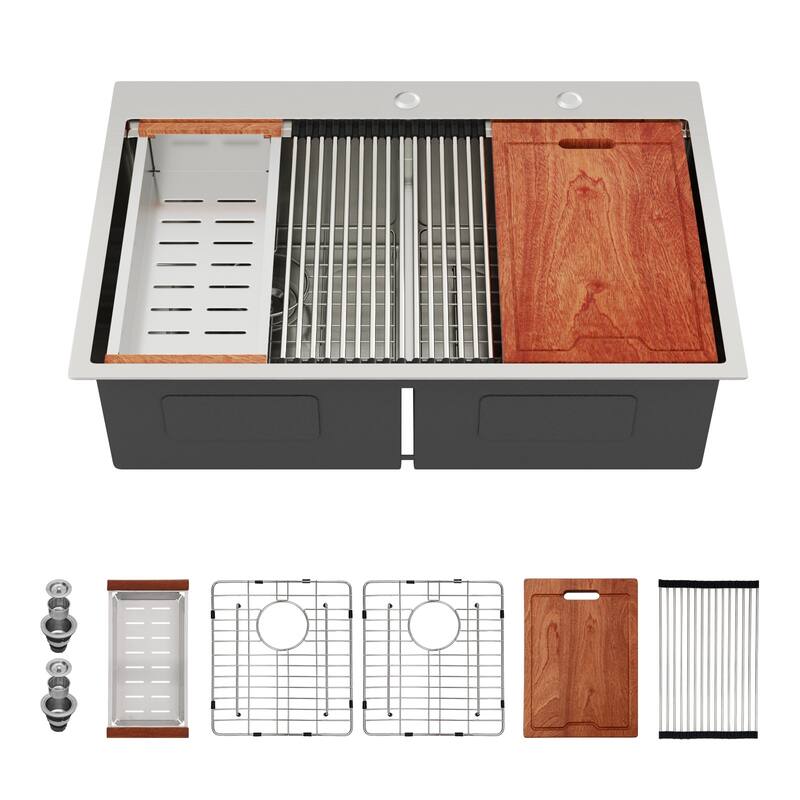 Topmount Drop in Kitchen Sink - 33"x 22" x 10" Double Bowl (50/50) Kitchen Sink 16 Gauge with Two 10" Deep Basin