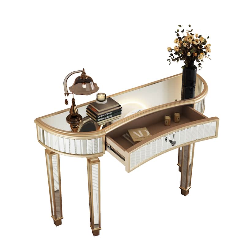 GDFStudio - 47" Half-Moon Mirrored Console Table with Fluted Glass & Crystal Knob Drawer