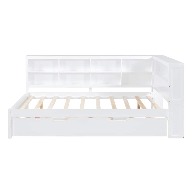Wooden Full Size DayBed with Twin Size Trundle USB Charging Ports and Storage Shelf, White