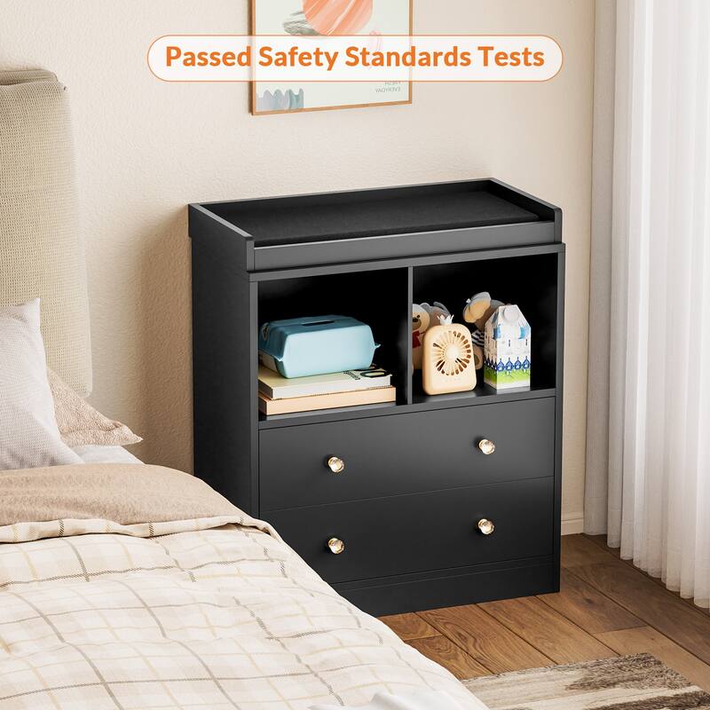 Changing Table With Pad, Modern Changing Station With 2 Drawers and 2 Open Compartments