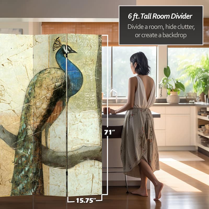 Handmade 6' Double Sided Peacocks Canvas Room Divider
