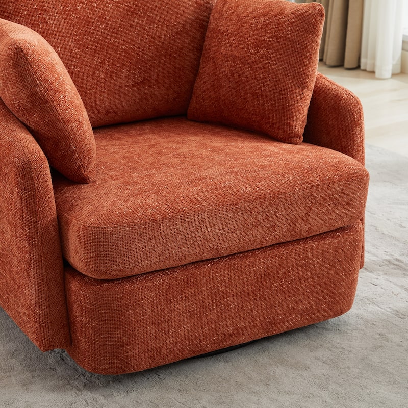 Chenille Upholstered Swivel Accent Chair, Cozy Club Chair with 2 Thorw Pillows, Oversized Lounge Armchair with Metal Base