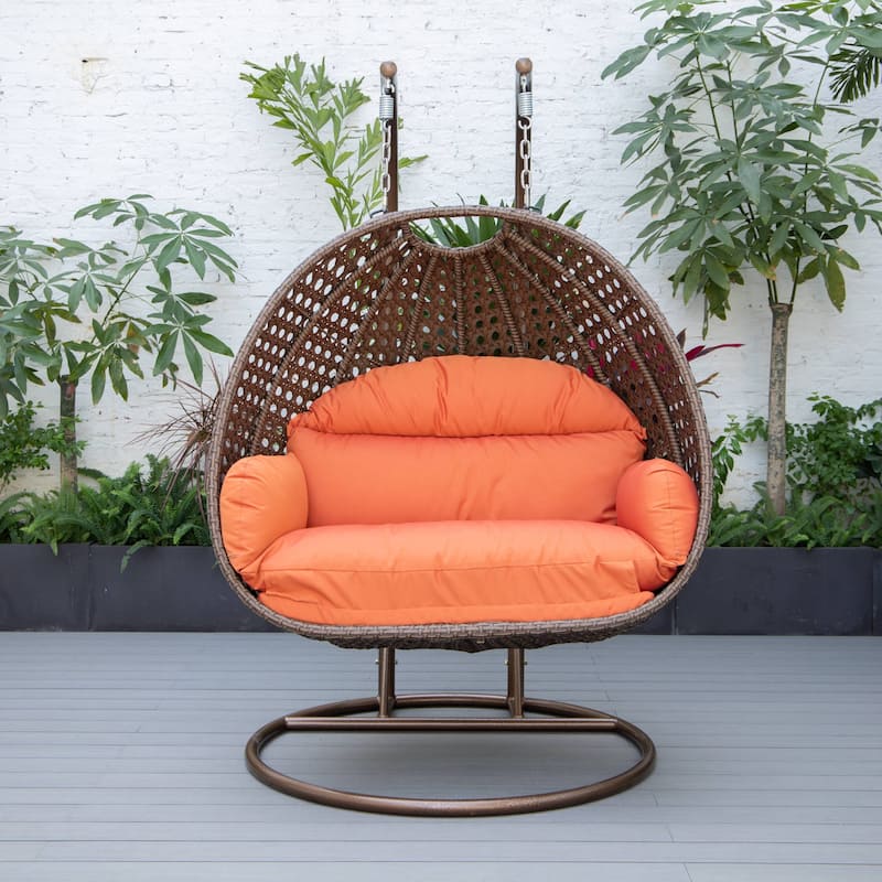 LeisureMod Mendoza Dark Brown 2 Seater Wicker Patio Hanging Double Swing Chair for Patio Porch Backyard Garden - 53"