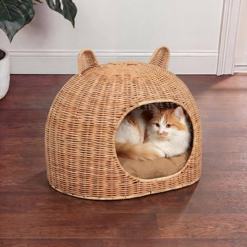 Cat Ear Handwoven Rattan Cat Bed with Machine-Washable Cushion