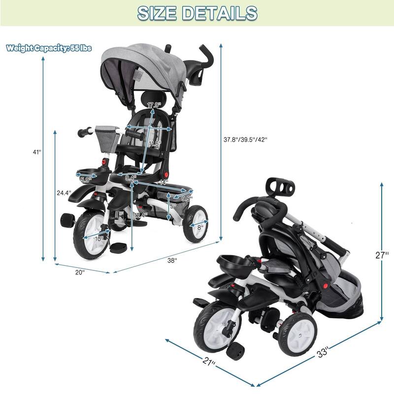 Baby Tricycle, 7 in 1 Folding Toddler Bike w/Removable Adjustable Push Handle