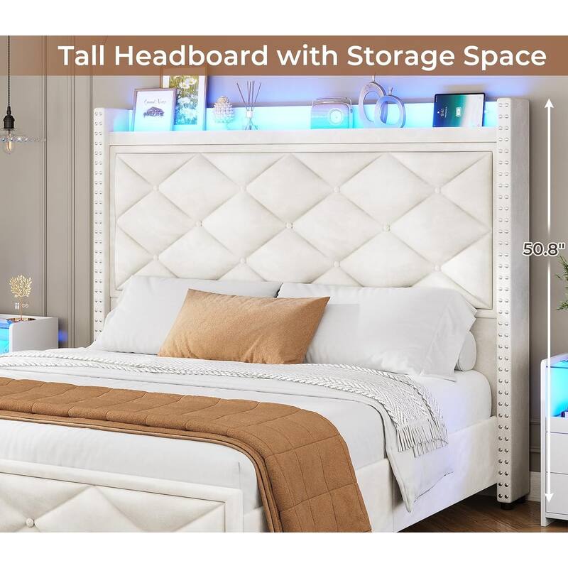 LED Bed Frame with 51.2" Tall Headboard Charging Station
