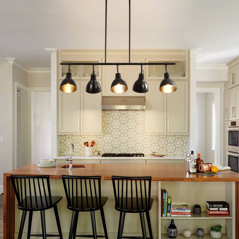 5-Light Industrial Modern Black Linear Pot Lid Pendant Kitchen Island Lighting/ Adjustable Tracking Light