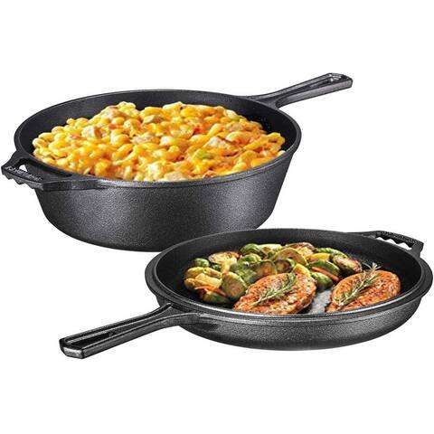 Pre-Seasoned 2-In-1 Cast Iron Multi-Cooker  Heavy Duty 3 Quart Dutch Oven Skillet and Lid Set, Non-Stick Kitchen Cookware,