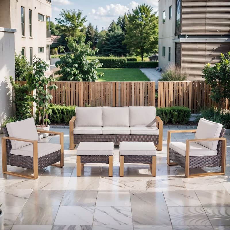 Pocassy 5 Pieces Outoor Patio Sofa Club Chair Ottoman Set - Beige cushion - Brown Wicker