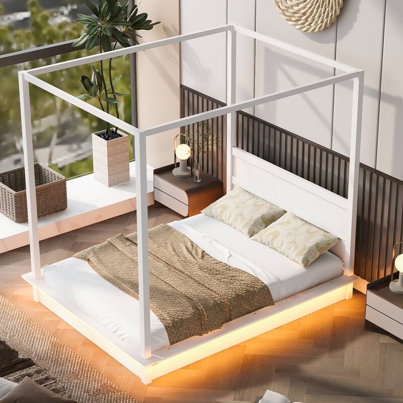 Wooden LED Four Poster Canopy Bed, Canopy Platform Bed with Support Slats, No Box Spring Needed