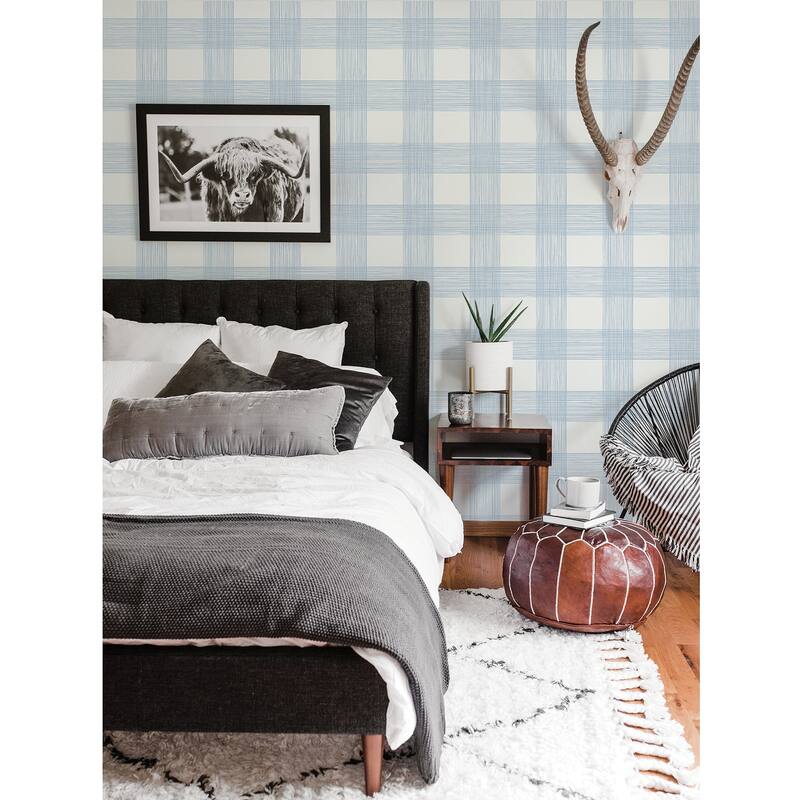A-Street Prints Scarborough Light Blue Striated Plaid Wallpaper