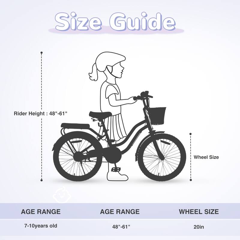 Girls 20 Inch Bike with Basket, Steel Frame, Front & Rear Brakes, For Kids Ages 7-10, No Training Wheels