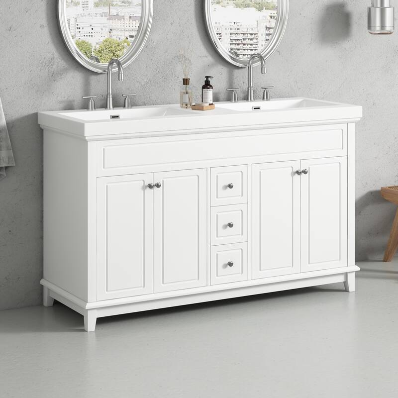 Roomfitters 60" Double Bathroom Vanity with Integrated Resin Double Sinks, 3 Drawers and 4 Doors with Shelving, White - White