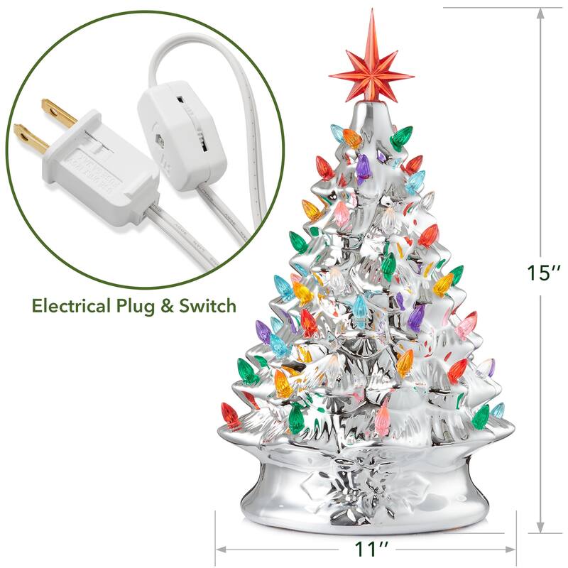 15in Hand Painted Ceramic Christmas Tree Silver PreLit Tree w Star