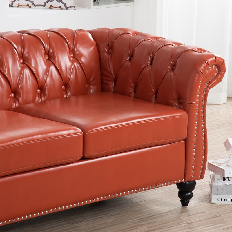 Chesterfield PU Leather 3 Seater Sofa, Button Tufted Deep Seat Sofa, Upholstered Sofa with Rolled Arms & Nailhead Trim