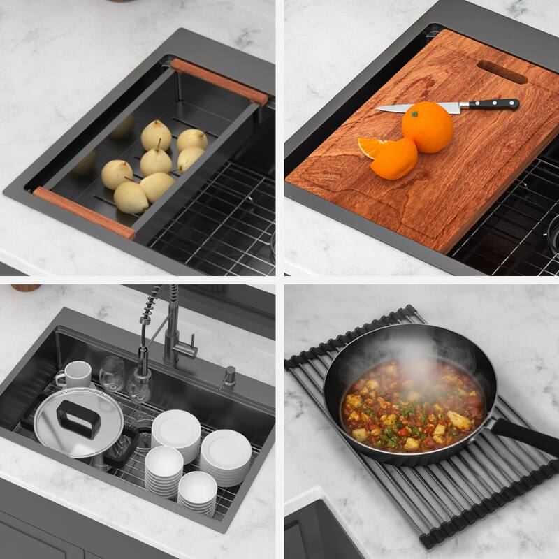 33" Drop-in Workstation Gunmetal Black Kitchen Sink with Pull-out Faucet and Soap Dispenser - Single Bowl 16 Gauge