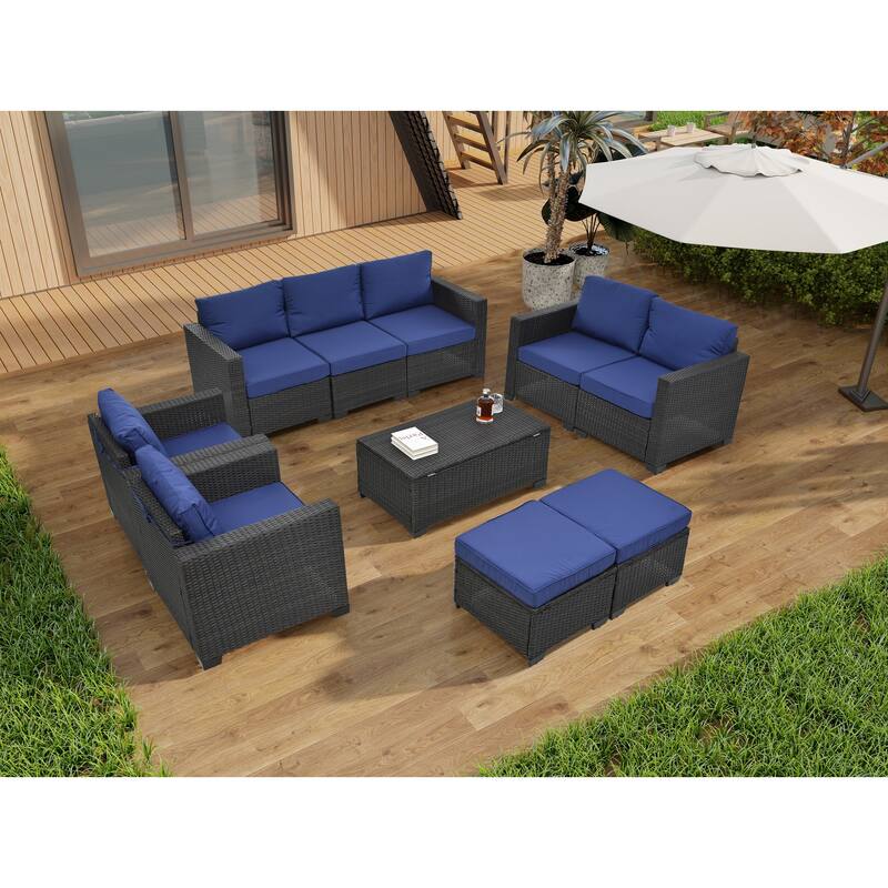 10-Piece Outdoor Rattan Sectional Sofa Set with Storage Table & Cushions