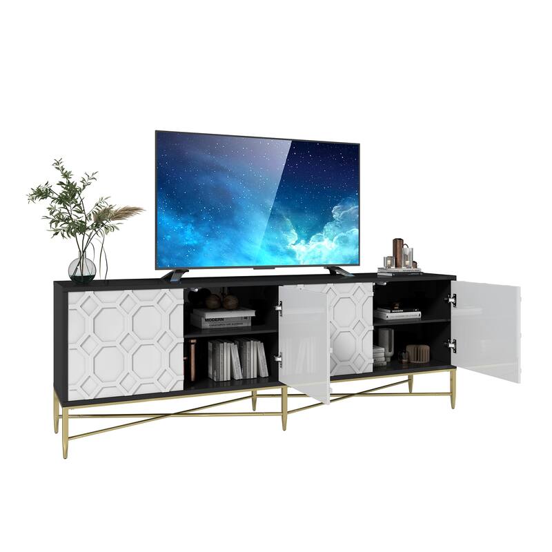 Modern TV Stand with Four Doors, Media Storage Console with Adjustable Foot Pegs, Entertainment Center with Metal Legs
