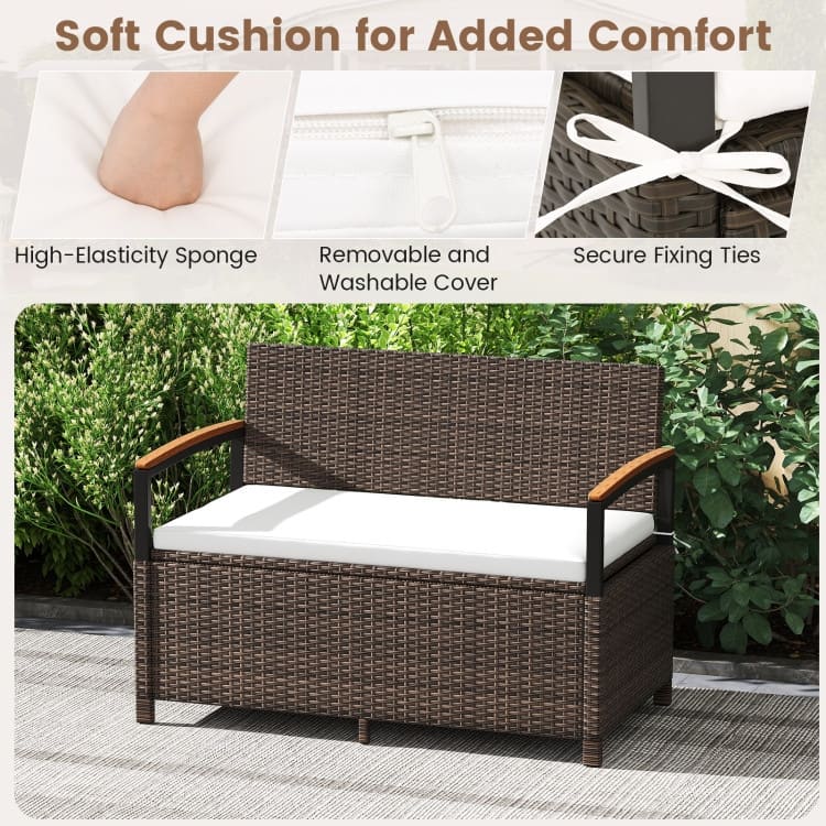 Mix Brown PE Rattan Outdoor Storage Bench with Beige Cushion and 46-Gal Capacity - 47" × 24" × 33"