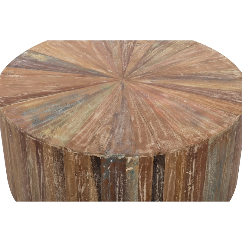 Brown Reclaimed Wood Handmade Pinwheel Drum Geometric Coffee Table with Colorful Painted Accents