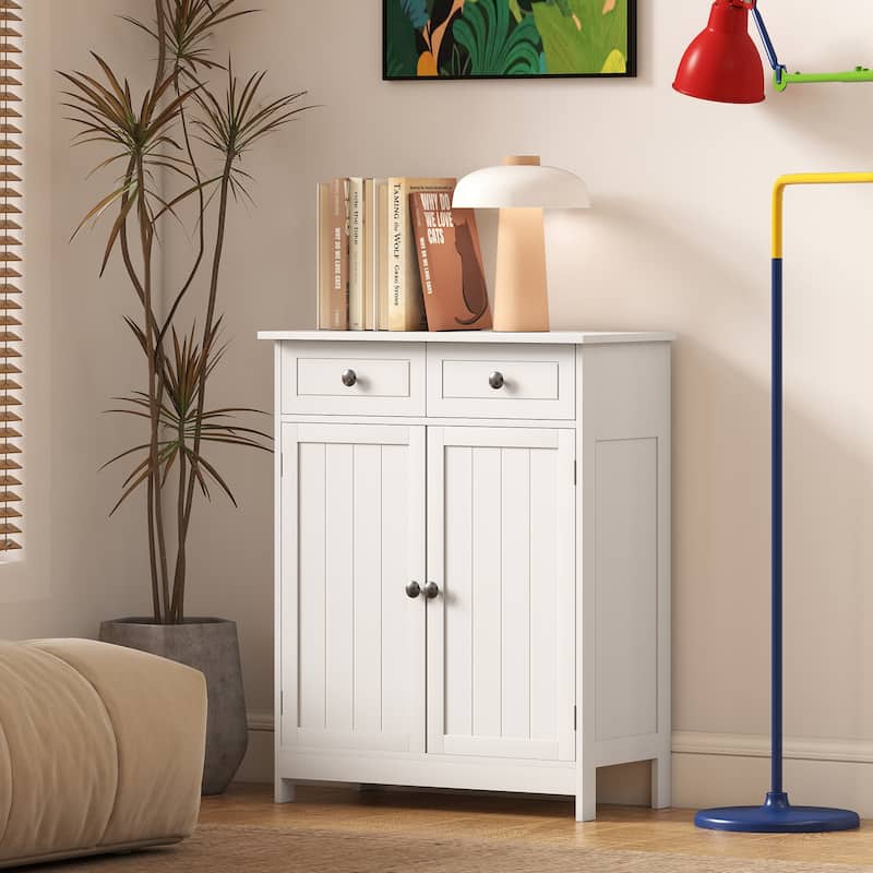 kleankin Freestanding Bathroom Storage Cabinet Organizer Floor Tower with 2 Door, 2 Drawers, Adjustable Shelf, White